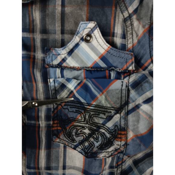 Rock & Roll Cowboy Western Shirt Mens M Smoke Plaid Blue Pearl Snap Embroidered - Picture 13 of 13
